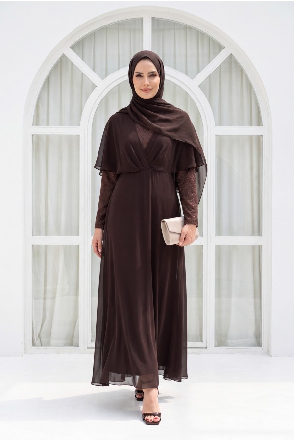 Silvery Chiffon Long Evening Dress   -Dark Coffee