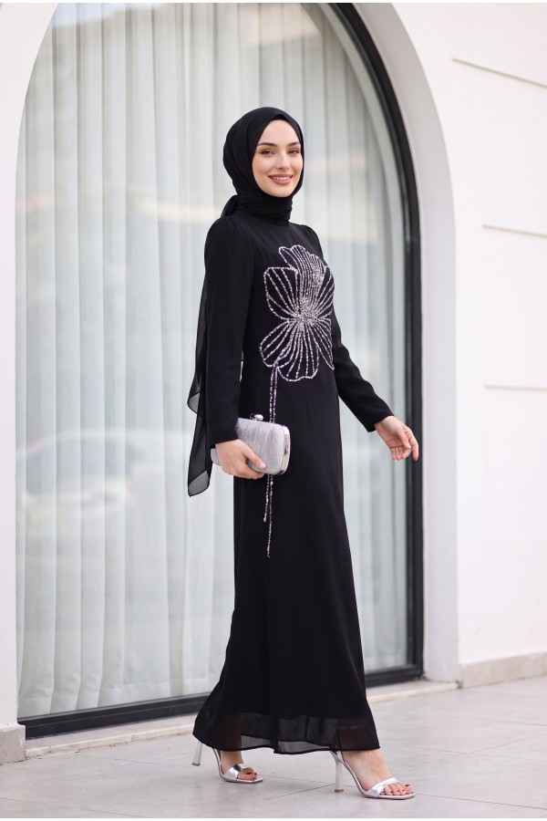 Clover Stone Patterned High Collar Crepe Evening Dress -Black