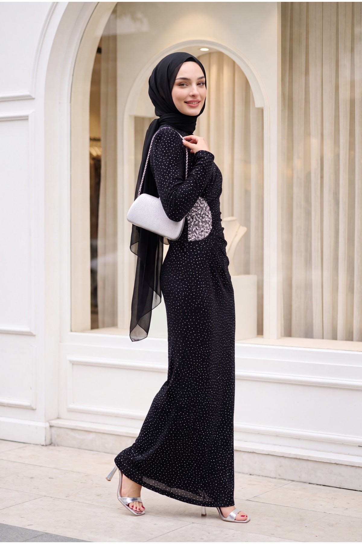 Draped Front Stoned Long Evening Dress -Black