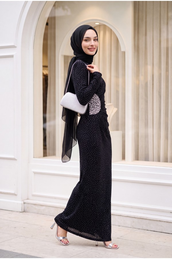Draped Front Stoned Long Evening Dress -Black