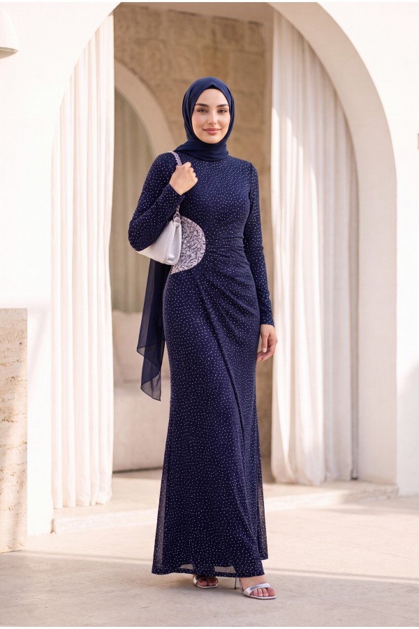 Draped Front Stoned Long Evening Dress -Navy blue
