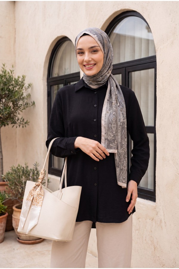 Poplin Shirt with Long Back Buttons -Black