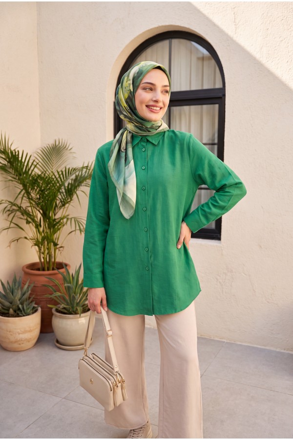 Poplin Shirt with Long Back Buttons -Green