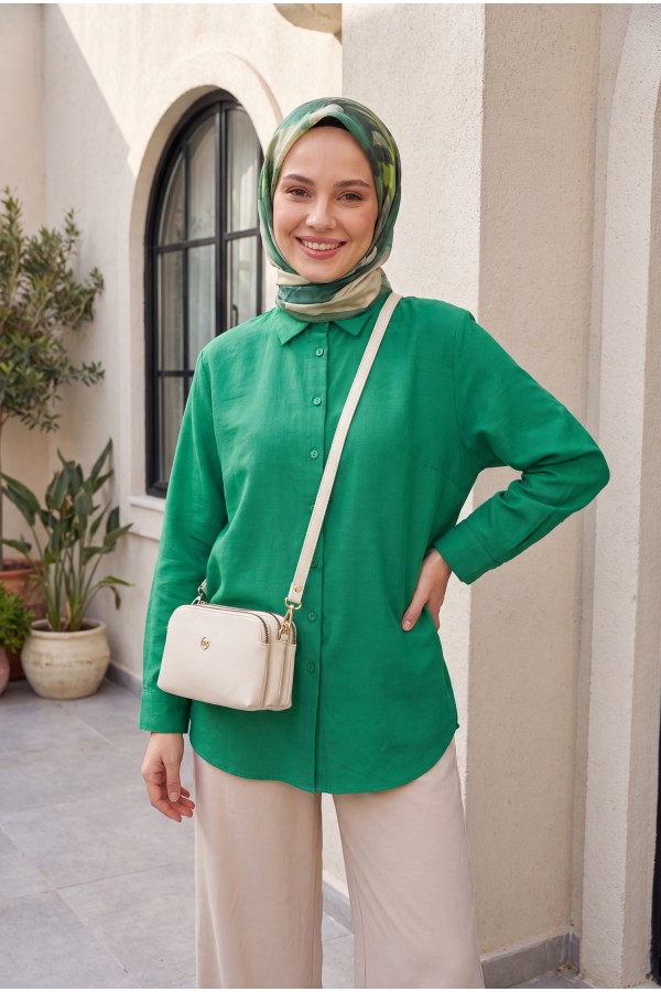 Poplin Shirt with Long Back Buttons -Green