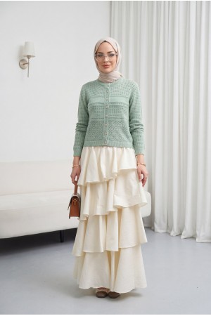 Yuvarlak Yaka Ajurlu Düğmeli Triko Hırka  -Mint