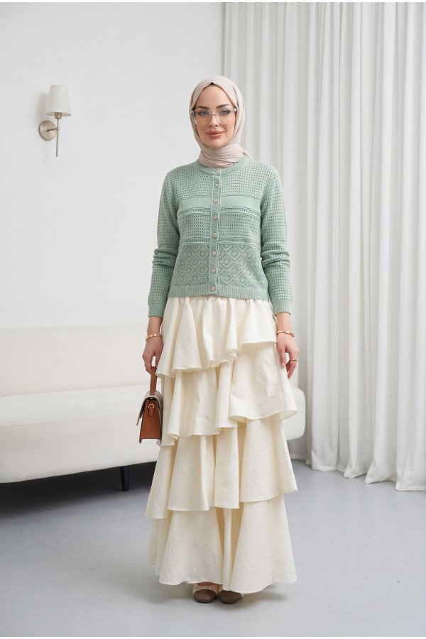 Round Neck Openwork Buttoned Knit Cardigan -Mint Color