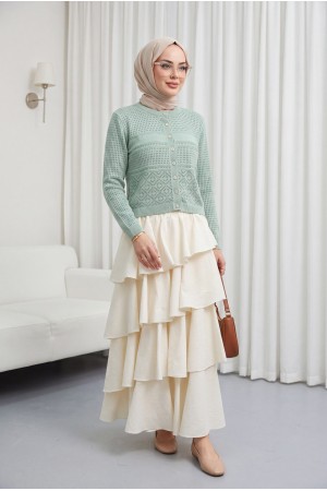 Yuvarlak Yaka Ajurlu Düğmeli Triko Hırka  -Mint