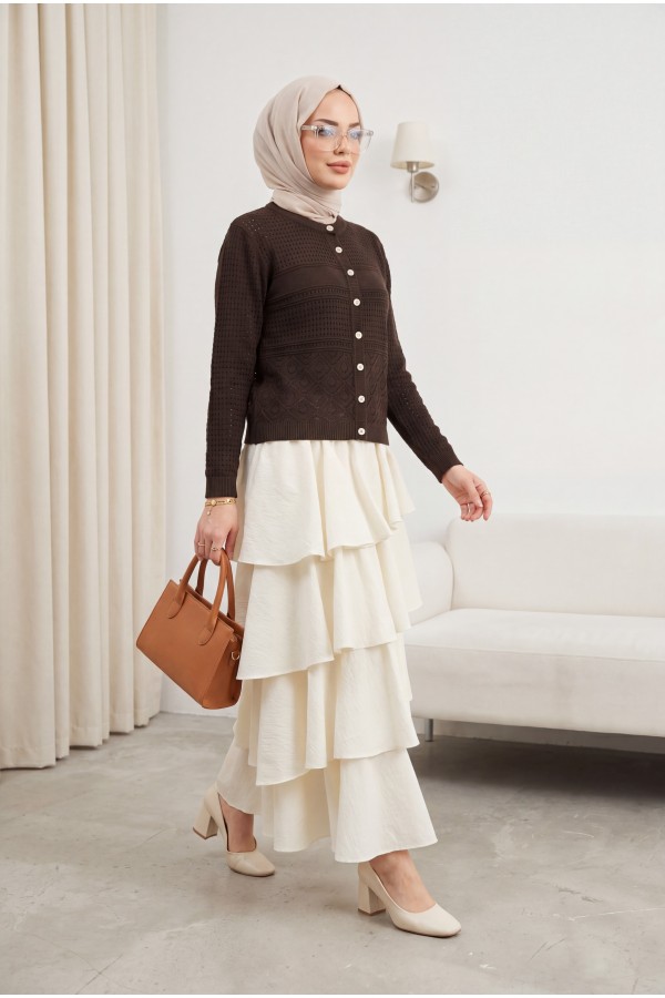 Round Neck Openwork Buttoned Knit Cardigan -Brown