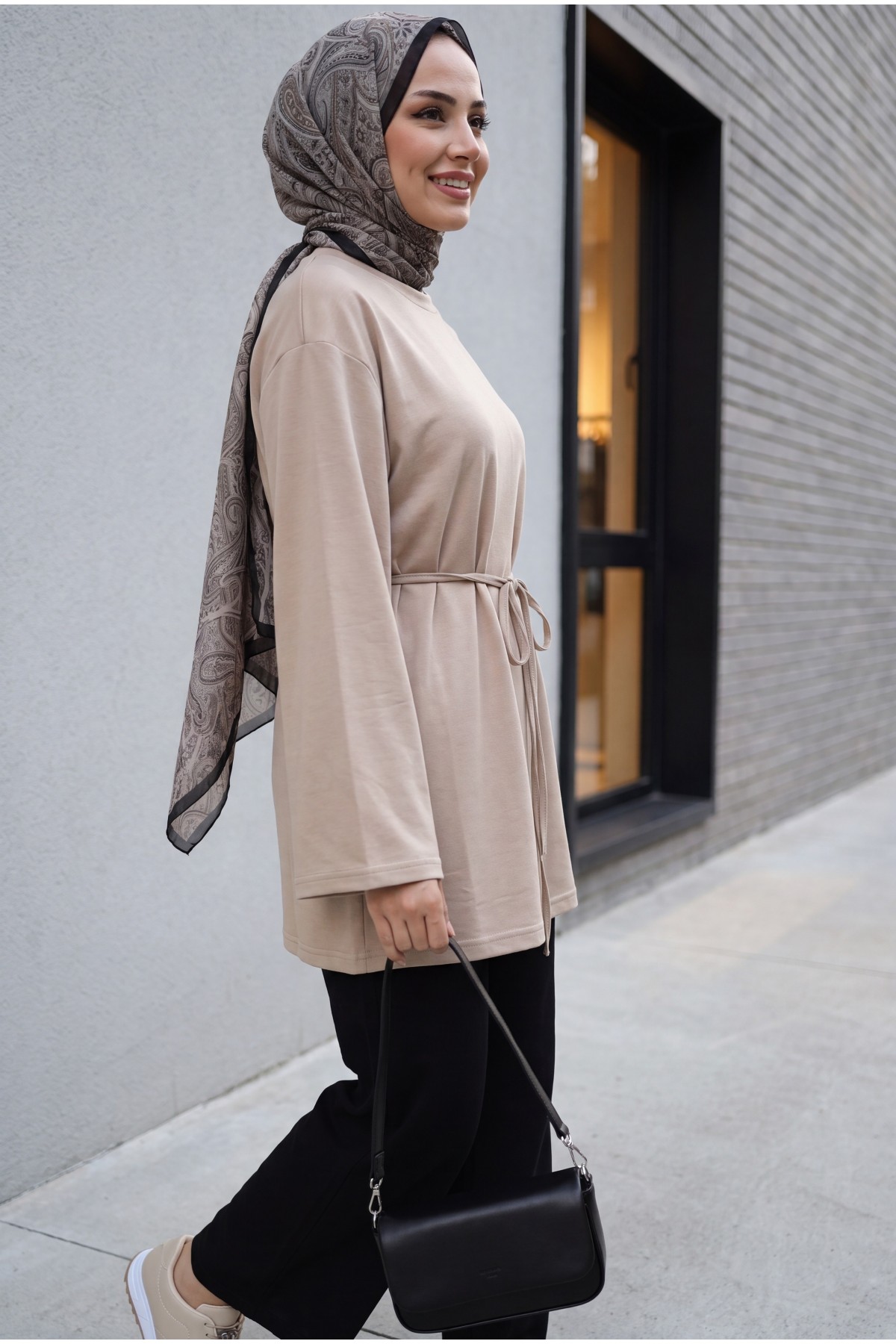 Round Neck Tied Waist Combed Cotton Tunic  -Light Mink