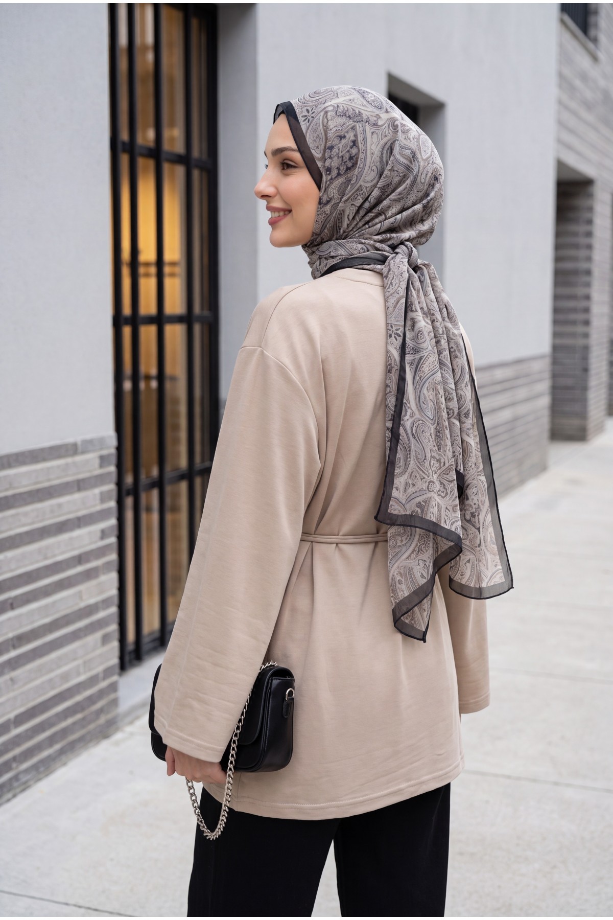 Round Neck Tied Waist Combed Cotton Tunic  -Light Mink