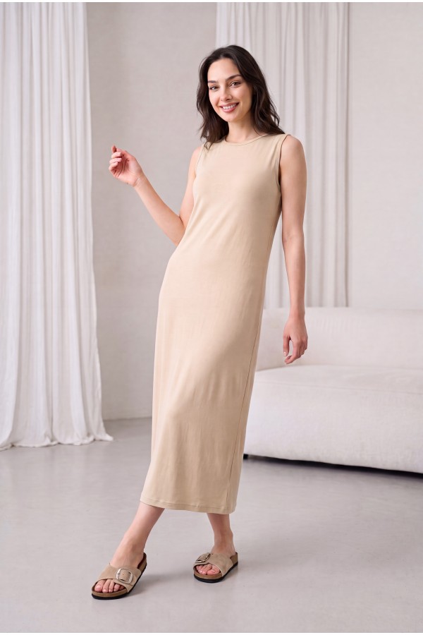 Crew Neck Sleeveless Long Cotton Undershirt - Beige