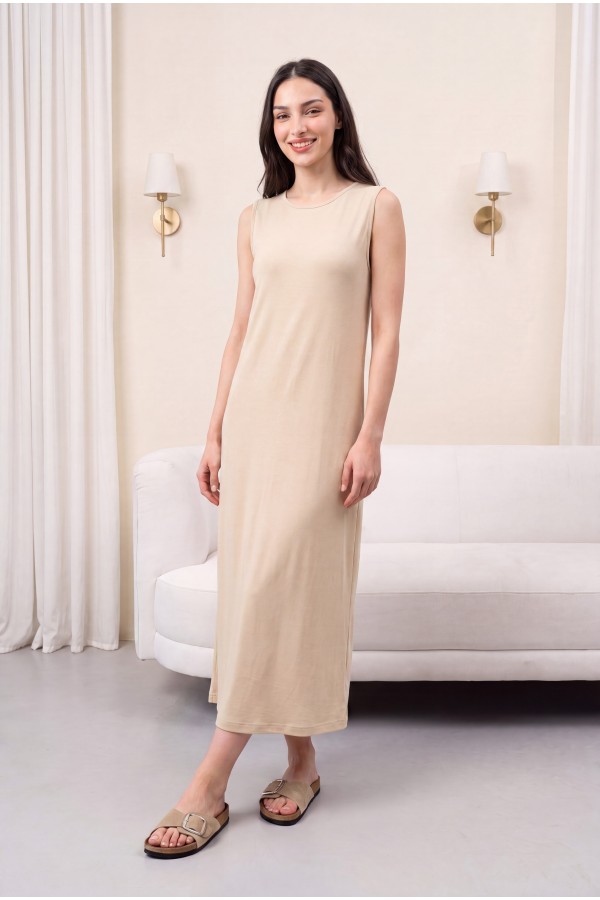 Crew Neck Sleeveless Long Cotton Undershirt - Beige
