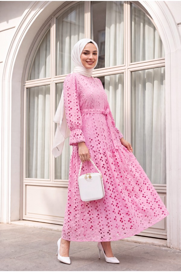 Crew Neck, Ruffled, Elasticated Sleeves, Lined Long Linen Dress -Pink