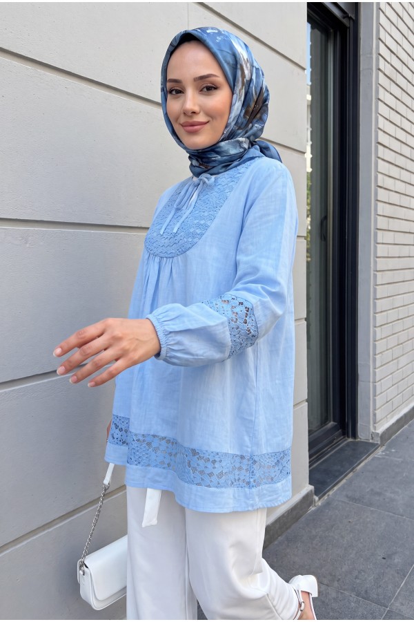 Lace Detailed Tied Collar Elastic Sleeve Shirt  -Blue