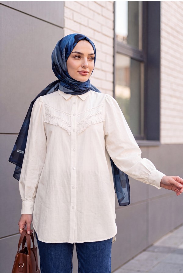 Raw Linen Balloon Sleeve Shirt with Guipure Tassels  -Ecru