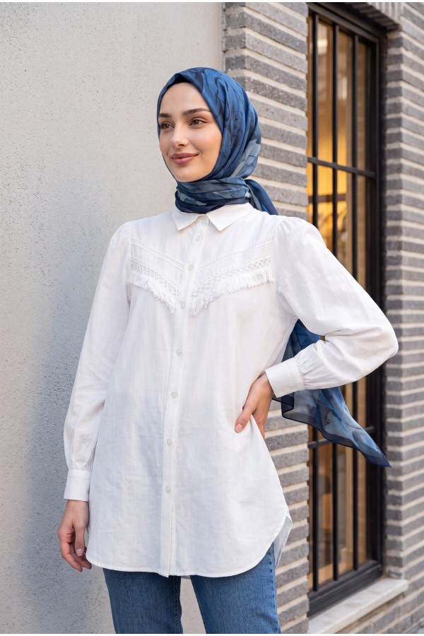 Raw Linen Balloon Sleeve Shirt with Guipure Tassels  -Ecru