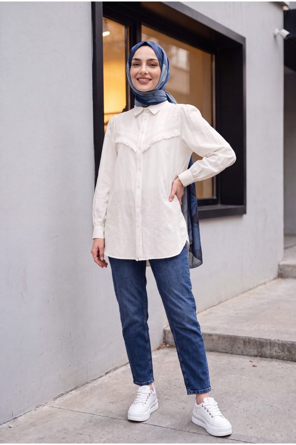 Raw Linen Balloon Sleeve Shirt with Guipure Tassels  -Ecru