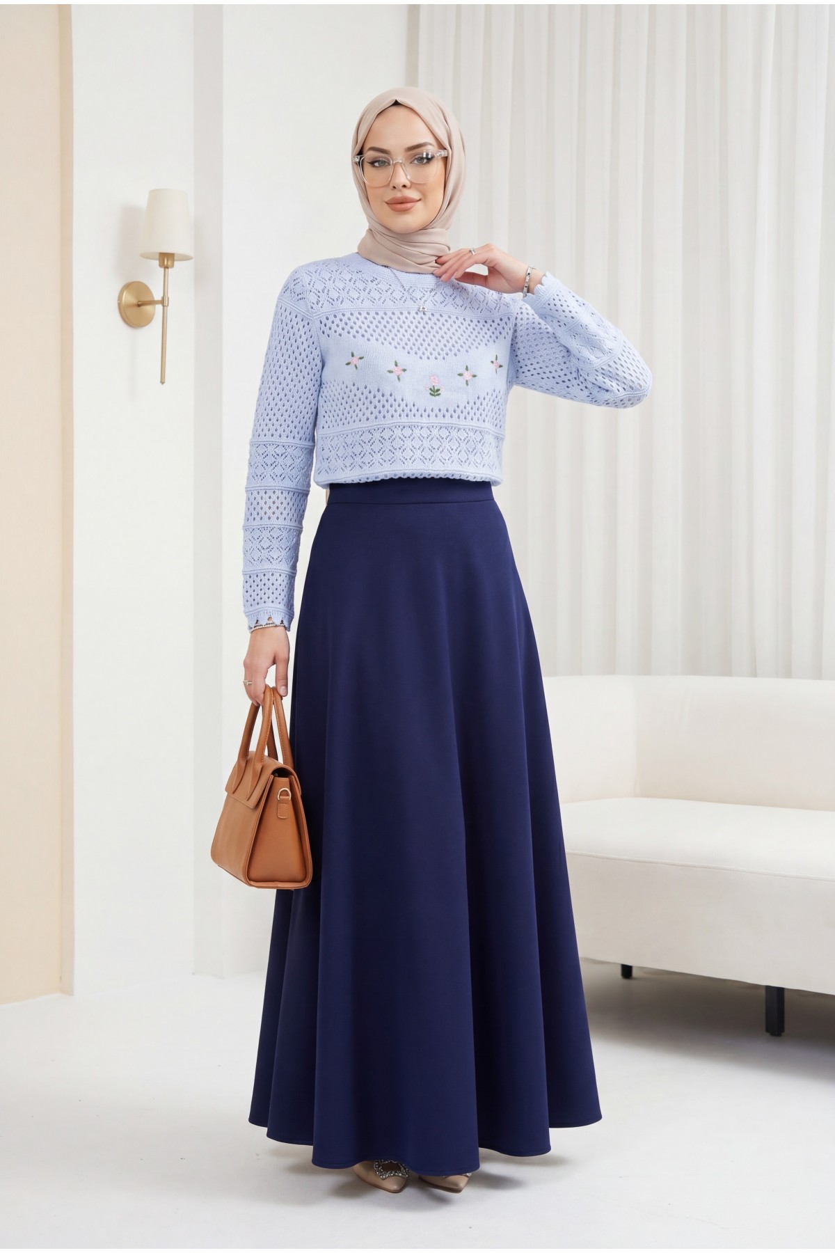 Knitted Sweater with Floral Embroidery and Openwork Pattern -Baby Blue detay görseli