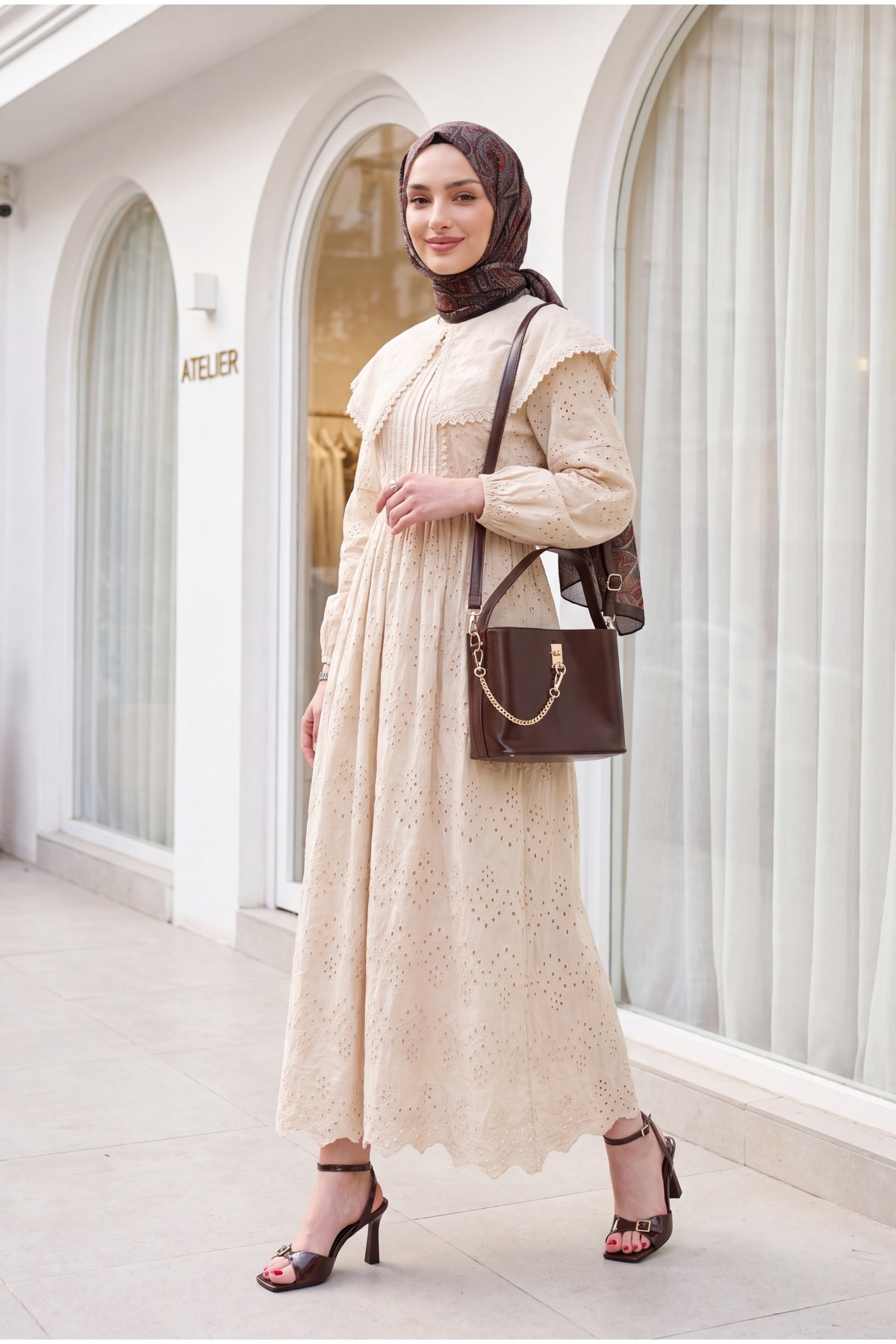 Cape Collar Lace Detail Dress - Beige