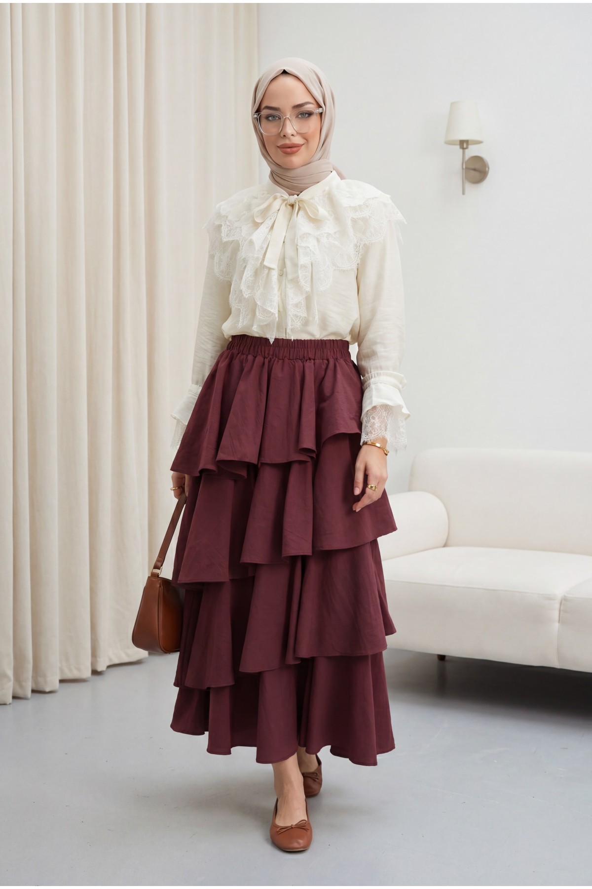 Long Back Cupra Shirt with Lace Detail and Lace Neckline  -Ecru