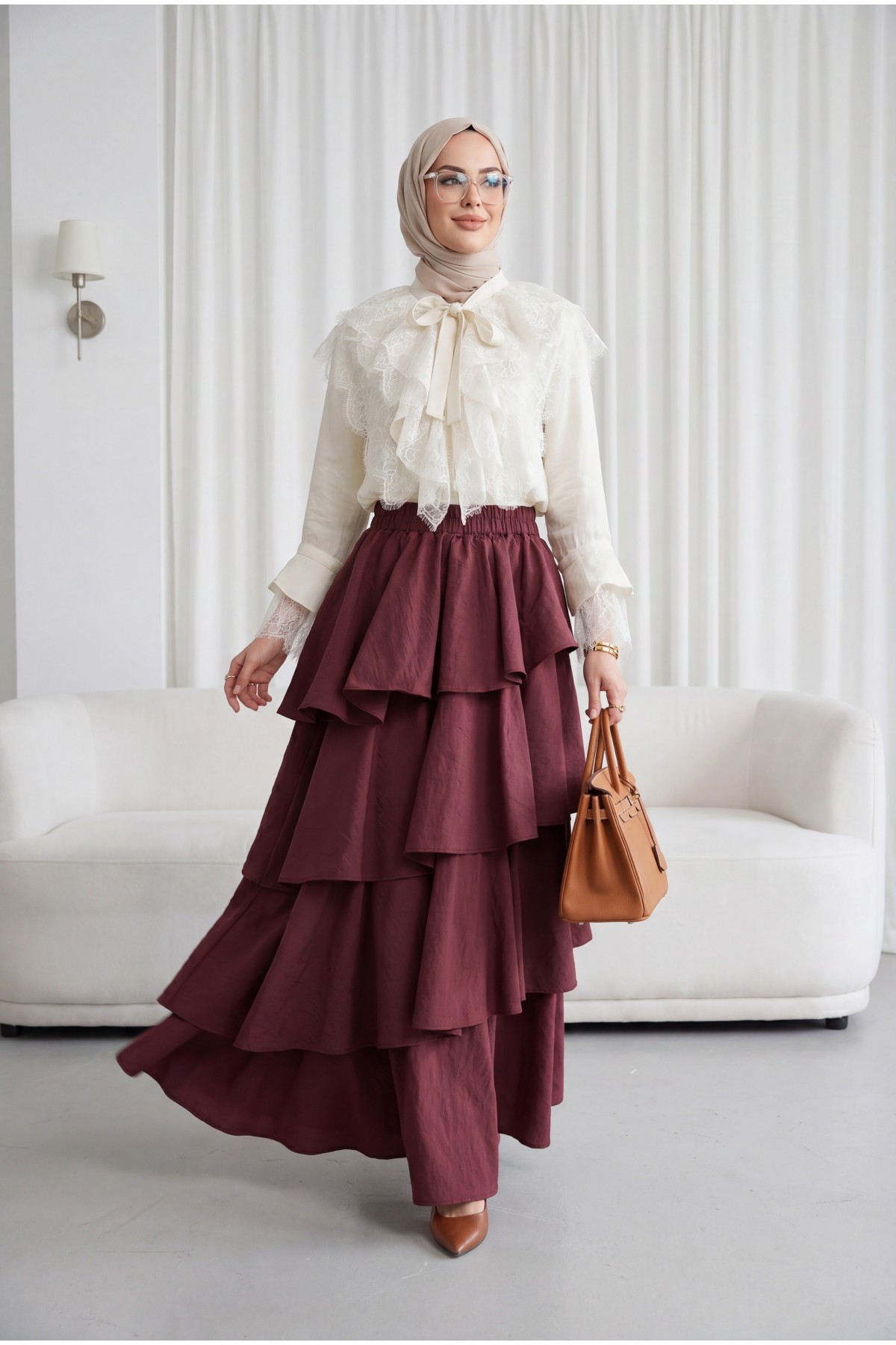 Long Back Cupra Shirt with Lace Detail and Lace Neckline  -Ecru