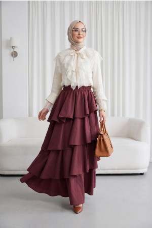 Yakası Bağcıklı Fırfırlı Dantel Detaylı Arkası Uzun Cupra Gömlek   -Ekru