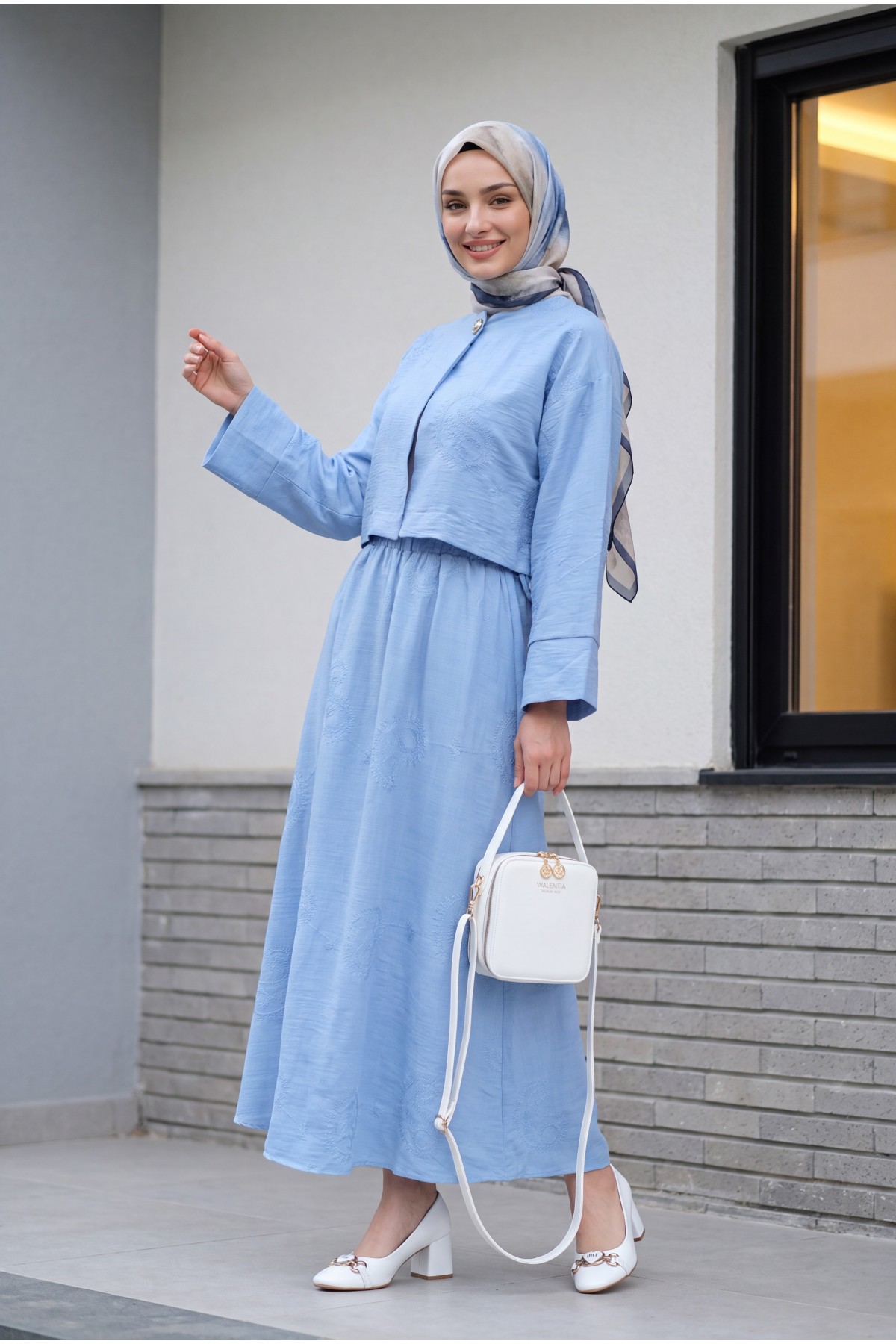 One-Button Embroidered Skirt Linen-Look Suit -Light blue