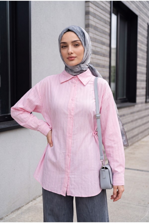 Yanları Bağcıklı Çizgili Düğmeli Modal Tunik -Pembe