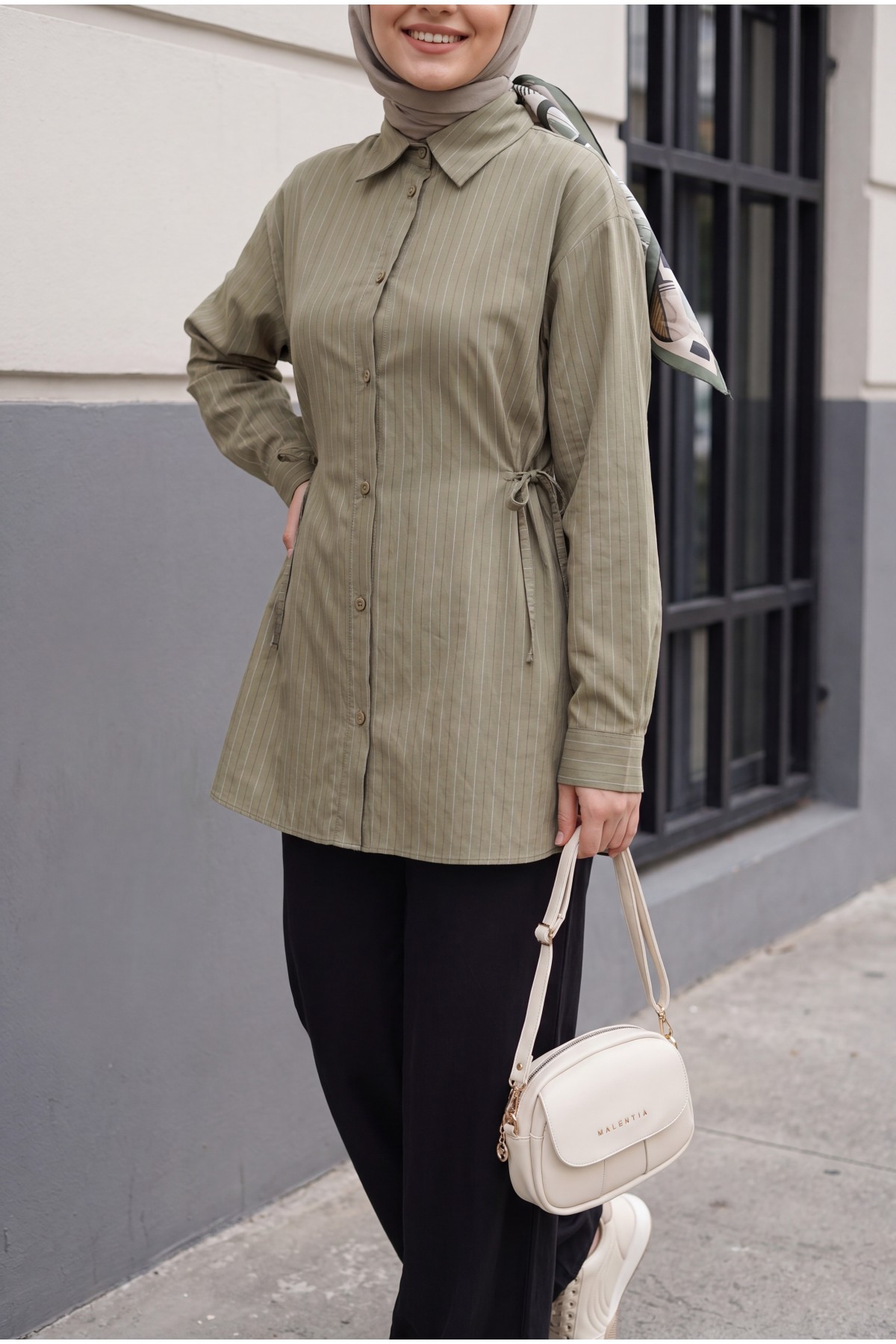 Modal Tunic with Side Laces and Striped Buttons -Khaki