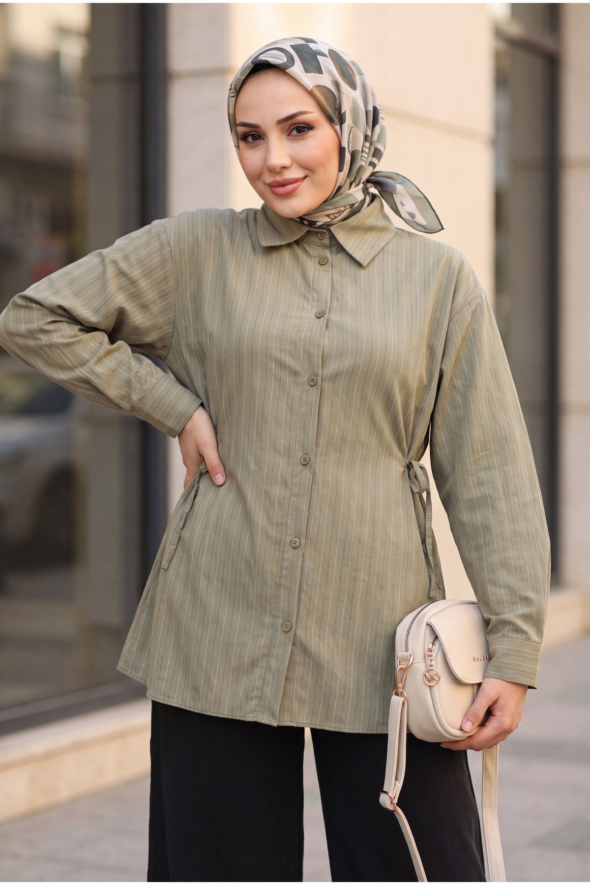Modal Tunic with Side Laces and Striped Buttons -Khaki