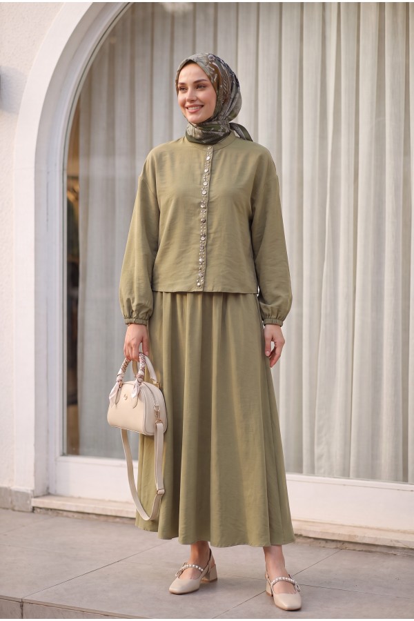 Modal Suit with Elasticated Sleeves, Pearl-Embellished Button Front, and Skirt -Olive