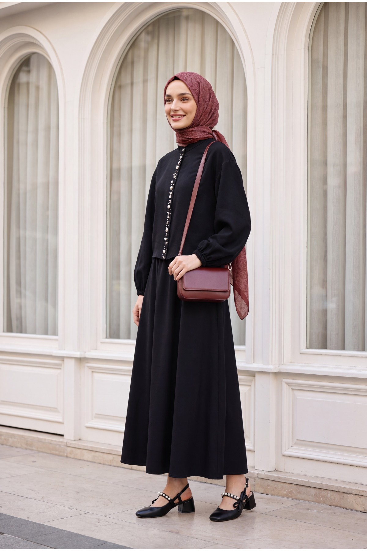 Modal Suit with Elasticated Sleeves, Pearl-Embellished Button Front, and Skirt -Black