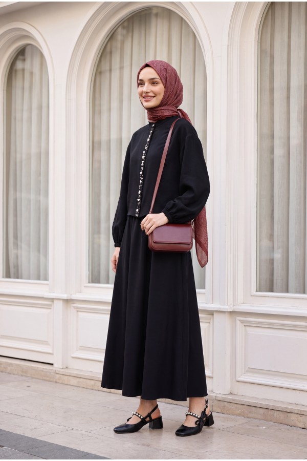 Modal Suit with Elasticated Sleeves, Pearl-Embellished Button Front, and Skirt -Black