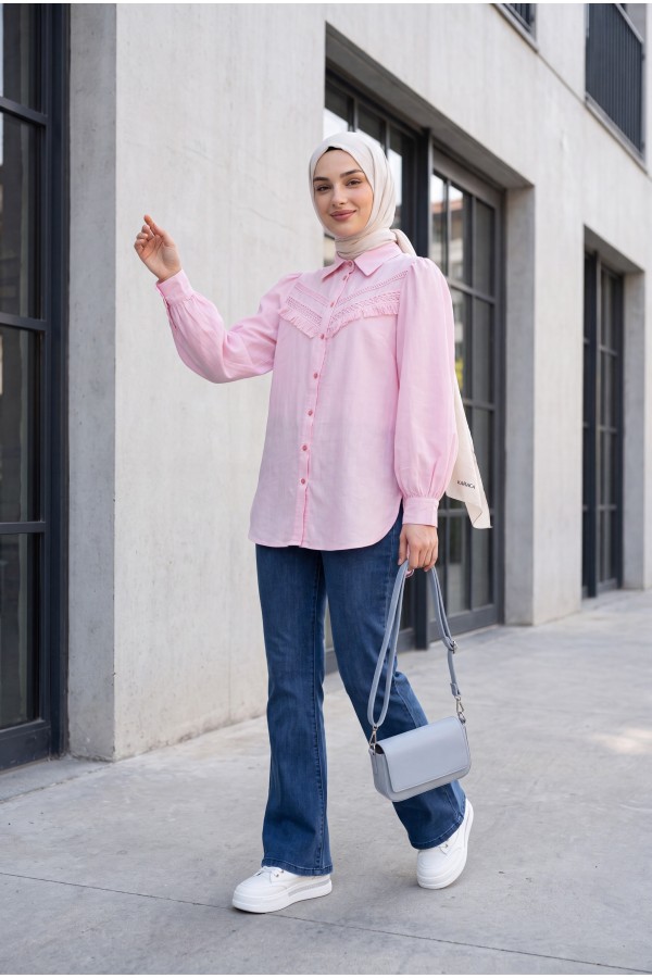 Raw Linen Balloon Sleeve Shirt with Guipure Tassels   -Powder