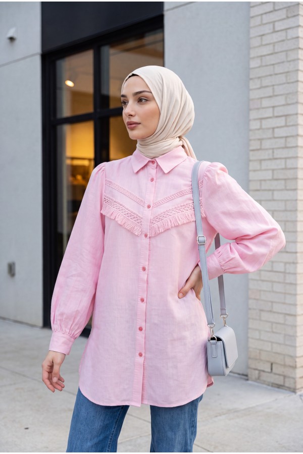 Raw Linen Balloon Sleeve Shirt with Guipure Tassels   -Powder
