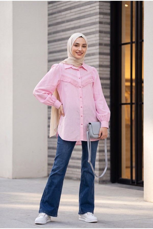 Raw Linen Balloon Sleeve Shirt with Guipure Tassels   -Powder