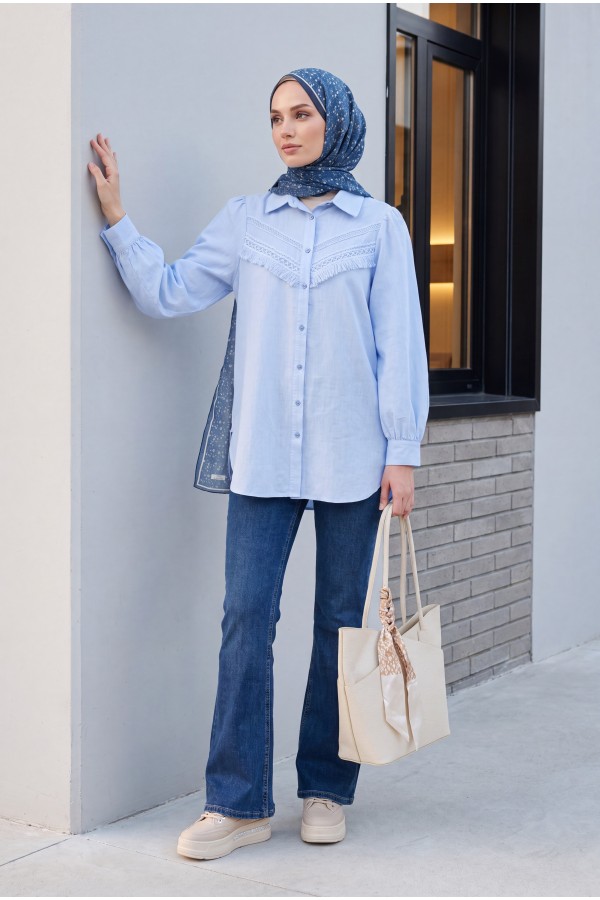 Raw Linen Balloon Sleeve Shirt with Guipure Tassels   -Baby Blue