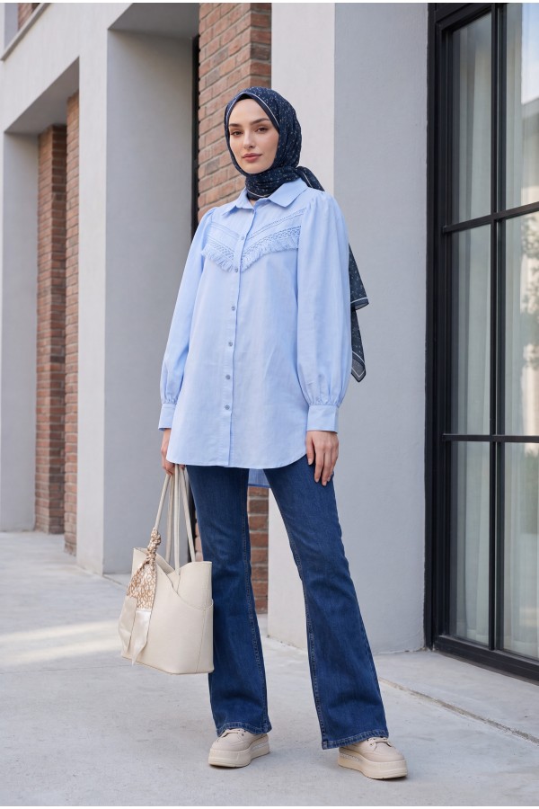 Raw Linen Balloon Sleeve Shirt with Guipure Tassels   -Baby Blue