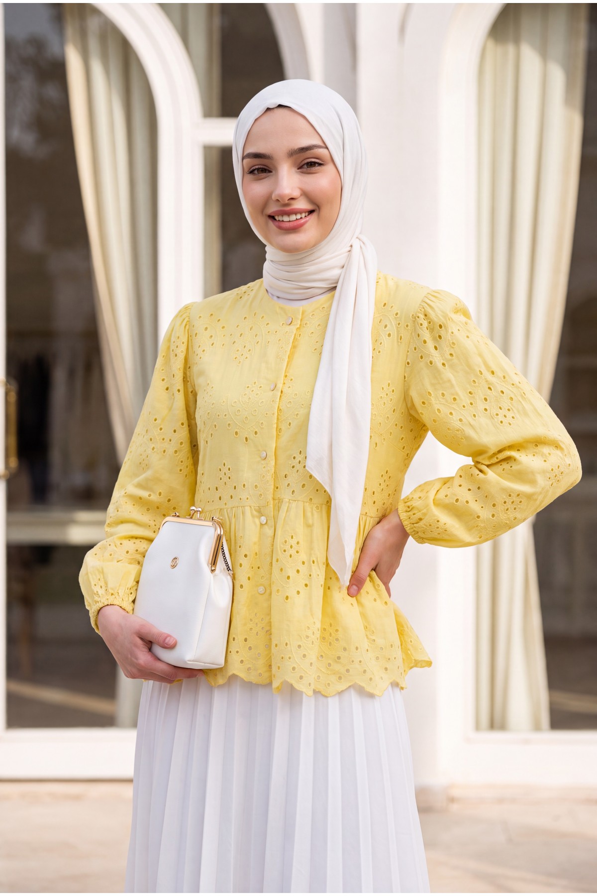 Elastic Sleeve Openwork Buttoned Lined Shirt  -Yellow