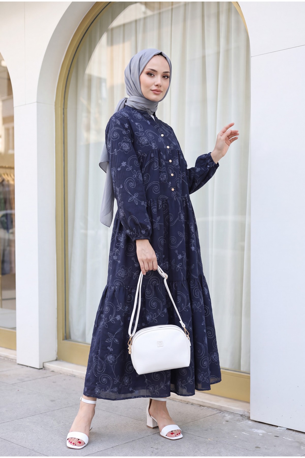 Half Buttoned Jacquard Printed Piece Dress with Elastic Sleeves -Navy blue