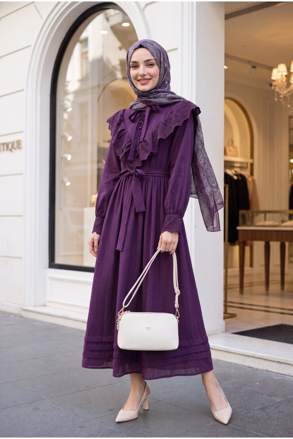 Lined crinkle dress with lace detailing at the neckline and waist.  - Purple