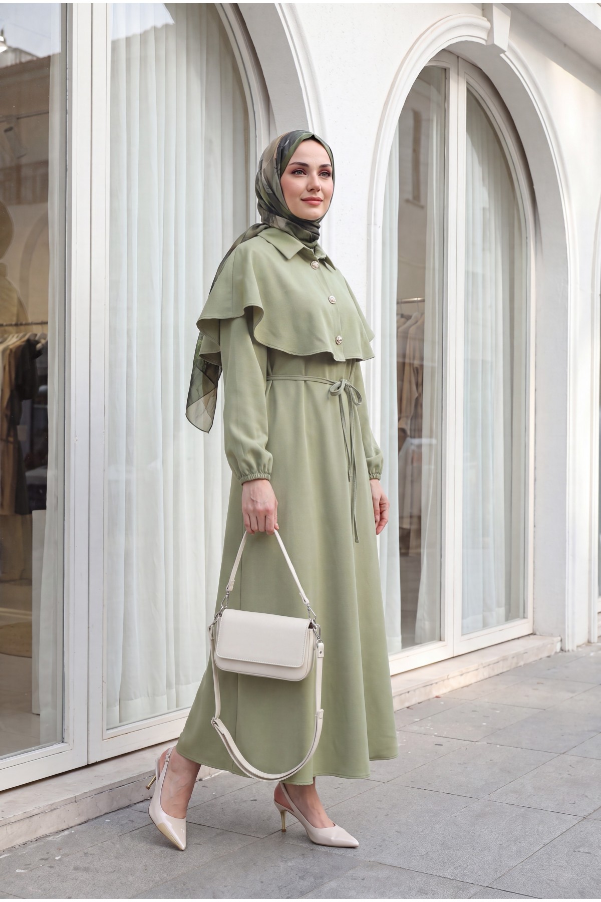 Crepe Dress with Collar, Cape Detail, Belt, and Elasticated Sleeves -Cagla Green