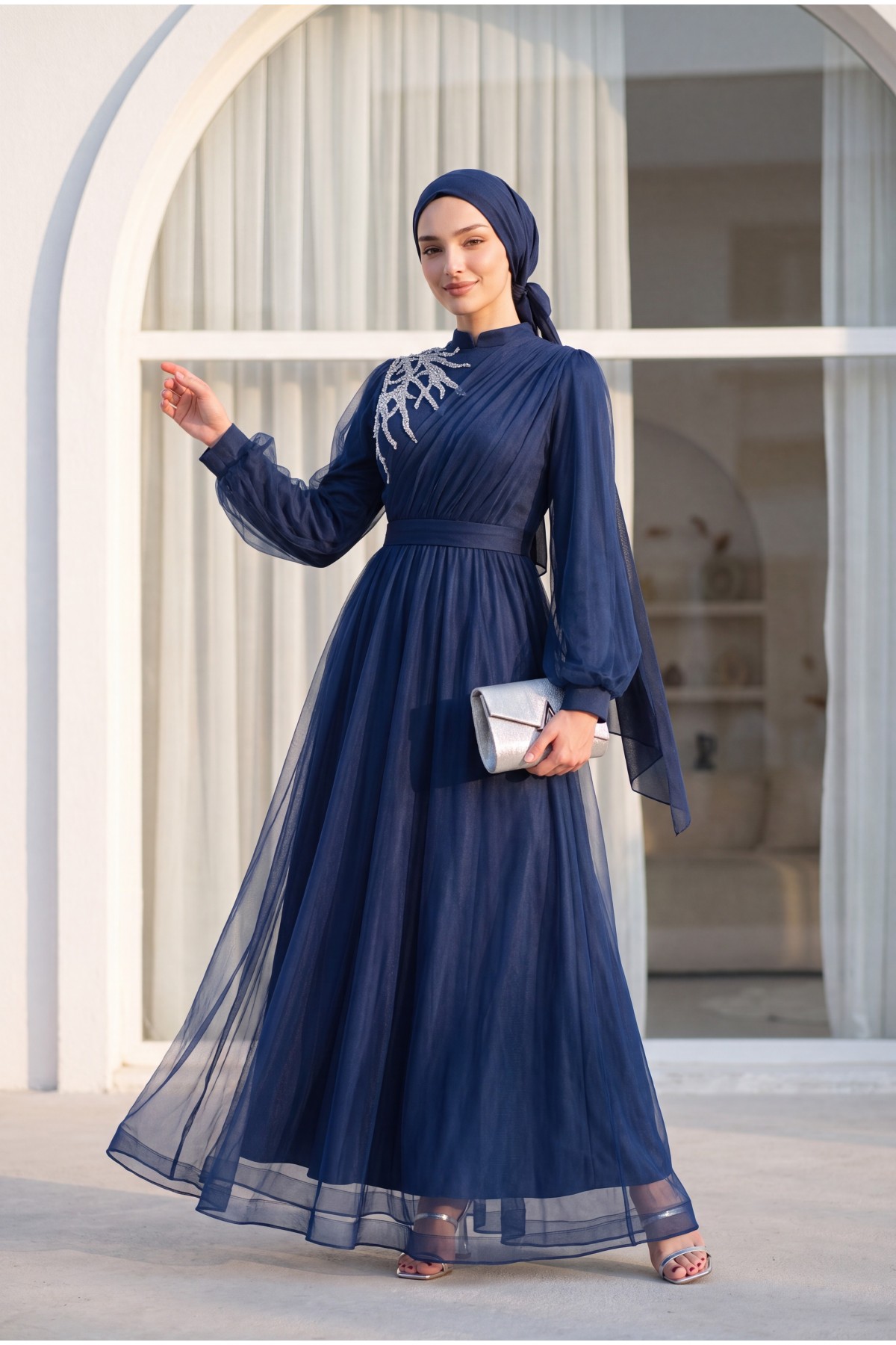 Stone Detailed Draped Belt Tulle Evening Dress -Navy blue detay görseli