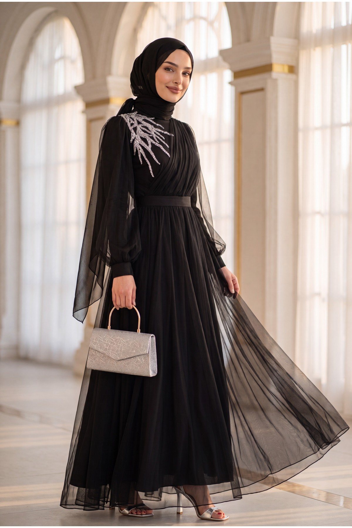 Stone Detailed Draped Belt Tulle Evening Dress -Black