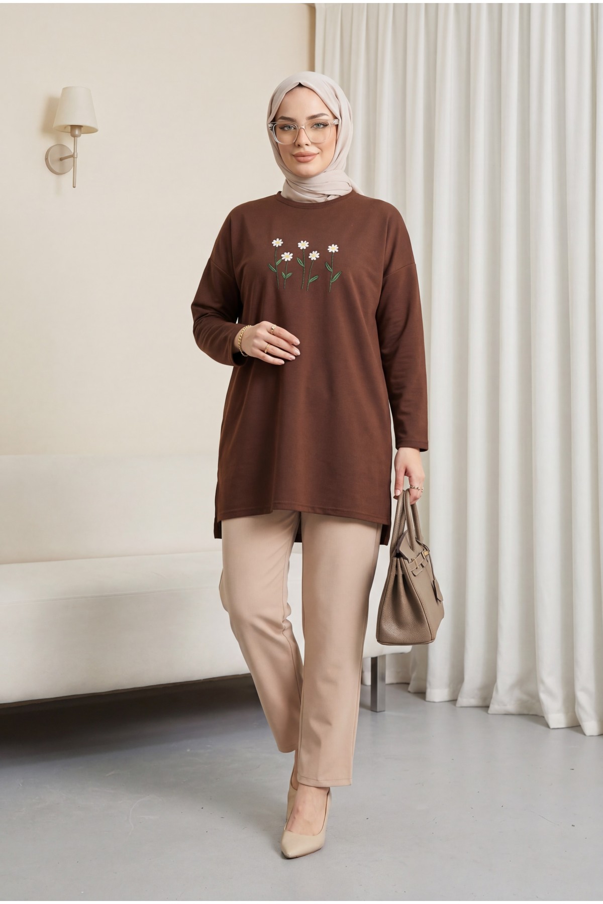 Round Neck Cotton Tunic with Daisy Embroidery -Brown
