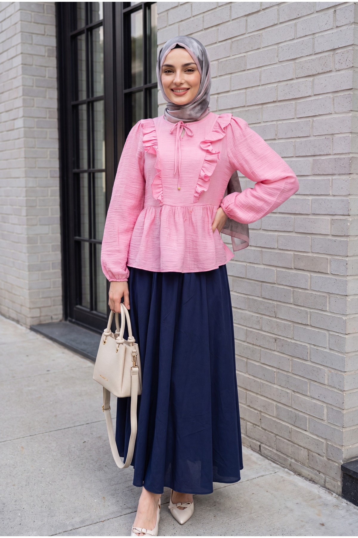 Crinkle Blouse with Tie-Neck Ruffled Front and Elasticated Cuffs -Pink