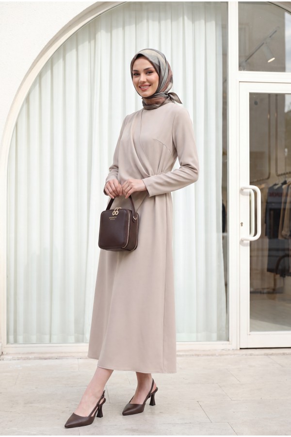 Cross Buckle Round Neck Imported Crepe Dress -Stone