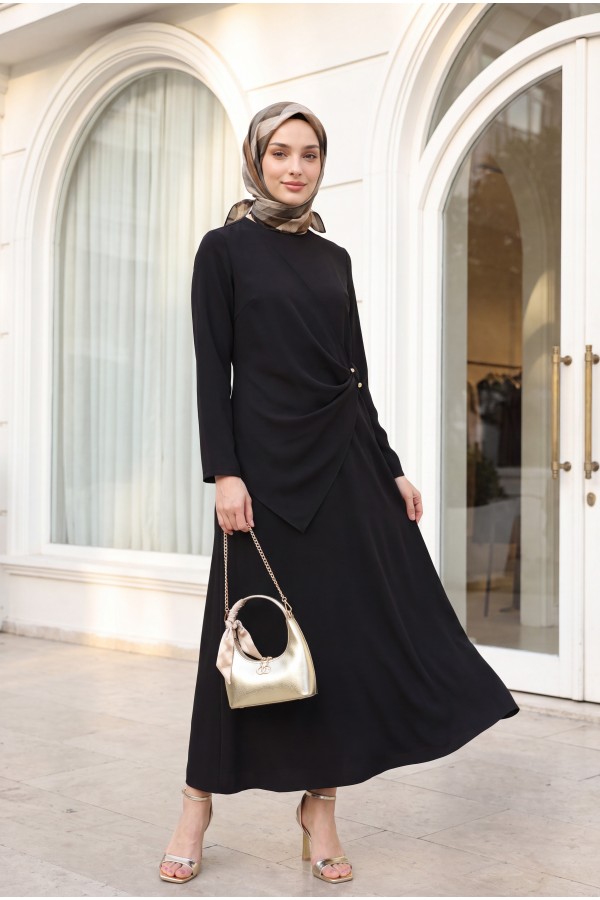 Cross Buckle Round Neck Imported Crepe Dress -Dark Coffee