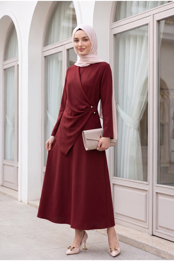 Cross Buckle Round Neck Imported Crepe Dress -Maroon