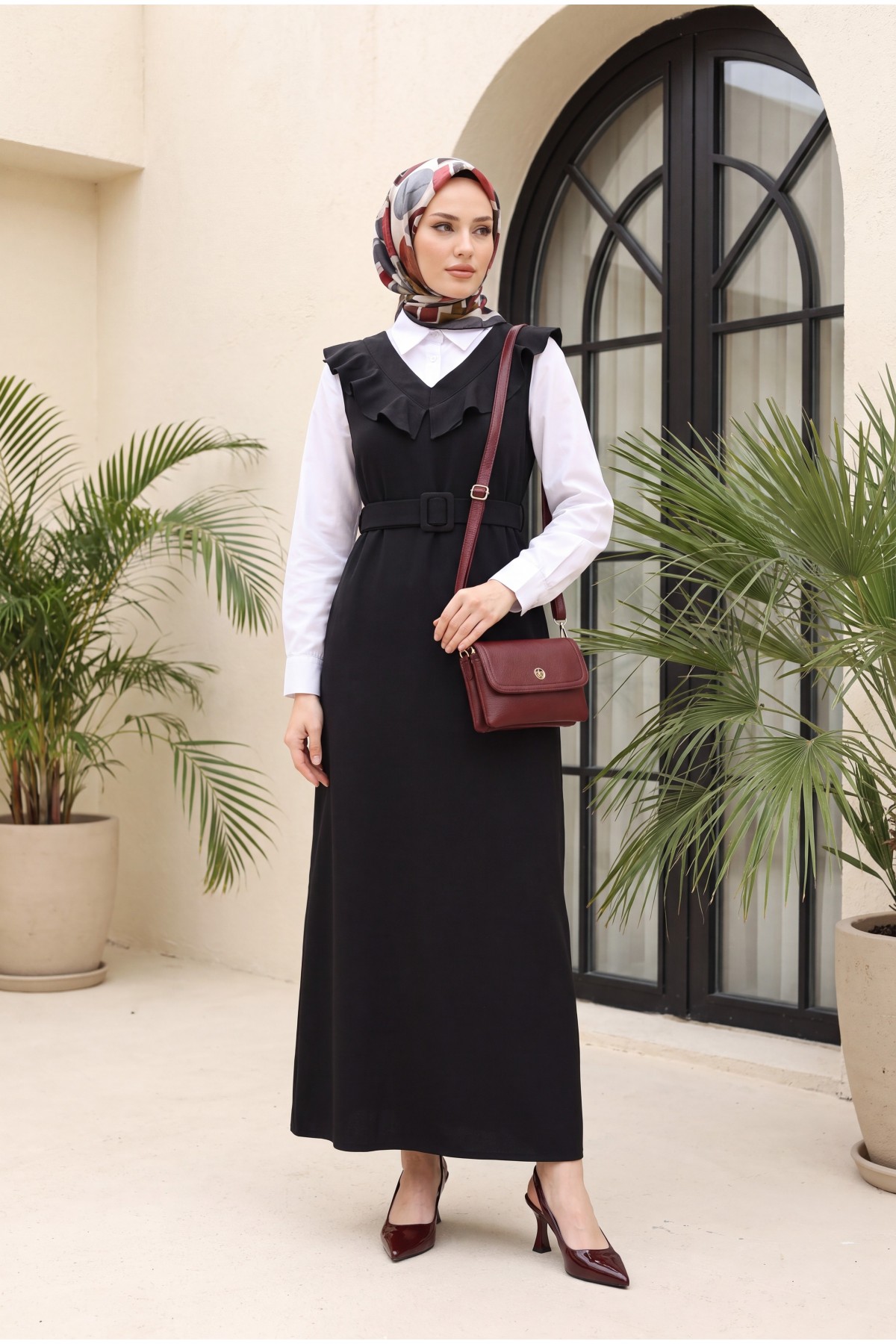 V Neck Long Gilet Dress    -Black detay görseli
